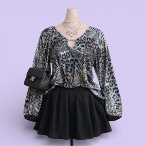 Y2K Black Gray Animal Print Sequin Blouse | Size M